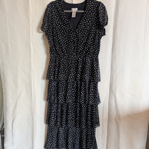 Kate & Lily tiered midi dress navy blue white polka dots Size 14 ruffles - Picture 2 of 14